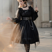 Gothic Goth Girl Dark Witch Off Shoulder Strap Cute Black Red Long Sleeve Dress with Belt - Thumbnail 5