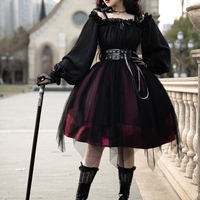 Gothic Goth Girl Dark Witch Off Shoulder Strap Cute Black Red Long Sleeve Dress with Belt - Thumbnail 8