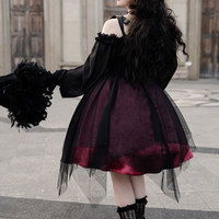 Gothic Goth Girl Dark Witch Off Shoulder Strap Cute Black Red Long Sleeve Dress with Belt - Thumbnail 9