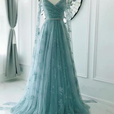 A line tulle long sleeves lace appliques prom dress