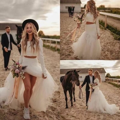 Two Piece Beach Wedding Dresses Bridal Gown with Sleeves