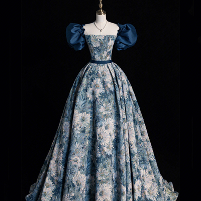 Blue floral long a-line prom dress, elegant short sleeve evening dress - Thumbnail 2