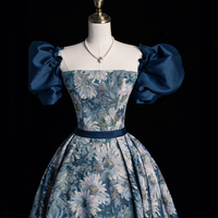 Blue Floral Long A-Line Prom Dress, Elegant Short Sleeve Evening Dress - Thumbnail 1