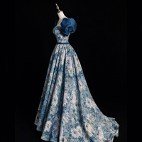 Blue Floral Long A-Line Prom Dress, Elegant Short Sleeve Evening Dress - Thumbnail 2