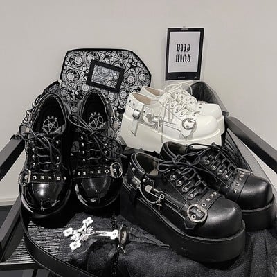 Punk rock goth girl student gothic black & white high heels platform wedges shoes - Thumbnail 2
