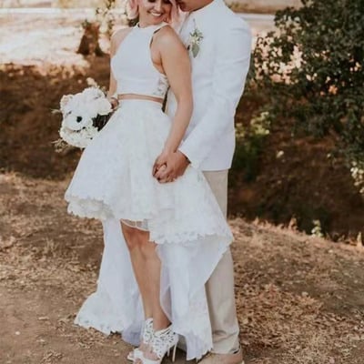 Two piece wedding dresses bridal gown hi low lace - Thumbnail 2