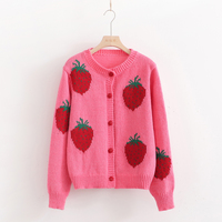 New retro contrast color cute and sweet strawberry embroidery sweater - Thumbnail 2