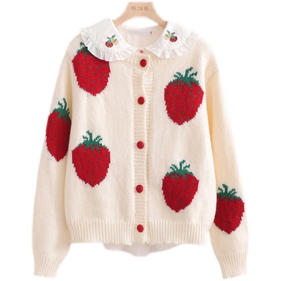 New retro contrast color cute and sweet strawberry embroidery sweater