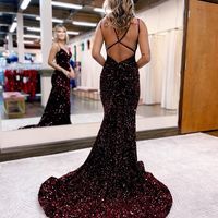 Cute Mermaid V Neck Light Blue Sequins Long Prom Dresses - Thumbnail 2