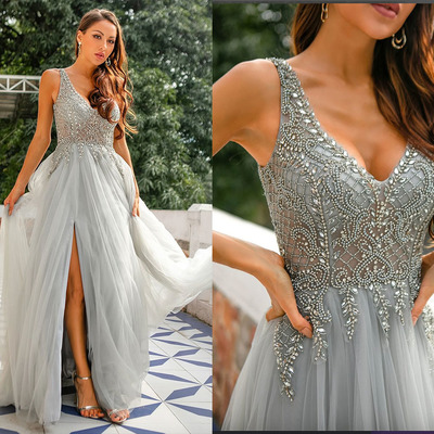  V Neck Backless Split Beaded Long Prom Dresses Gray