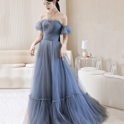 Blue strapless tulle long prom dress, a-line blue evening dress
