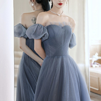 Blue Strapless Tulle Long Prom Dress, A-Line Blue Evening Dress - Thumbnail 1