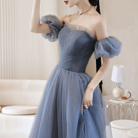 Blue Strapless Tulle Long Prom Dress, A-Line Blue Evening Dress - Thumbnail 2