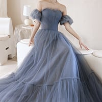 Blue Strapless Tulle Long Prom Dress, A-Line Blue Evening Dress - Thumbnail 3