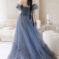 Blue Strapless Tulle Long Prom Dress, A-Line Blue Evening Dress - Thumbnail 5