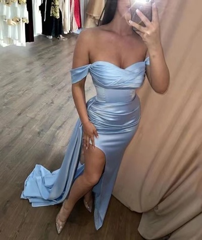 Blue Prom Dresses Off Shoulder Slit Side Mermaid