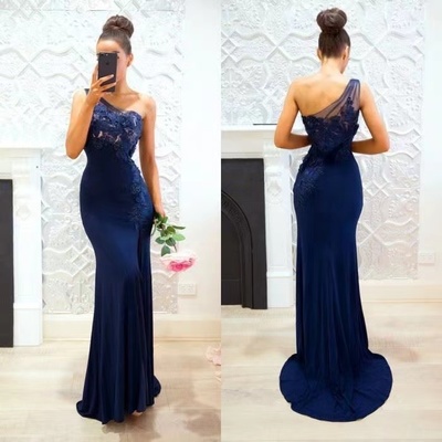 One Shoulder Prom Dresses Royal Blue Mermaid with Lace