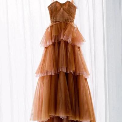 Beautiful a line brown tulle long prom dresses - Thumbnail 3