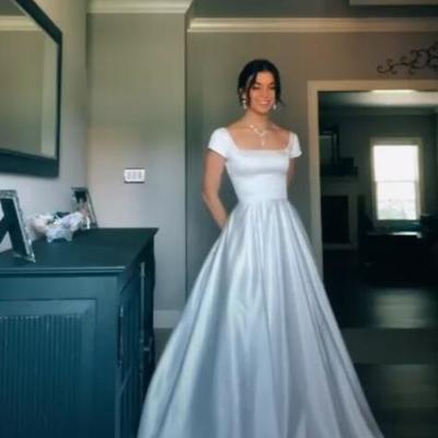 Simple square ivory fashion v back stain prom dresses - Thumbnail 2