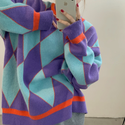 Diamond color block knit sweater