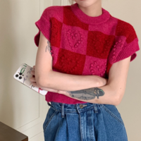 Rose Red Heart Checkboard Color Block Knitted Vest Sweater - Thumbnail 3