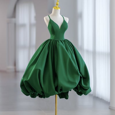 Green v-neck satin short prom dress, green a-line party dress - Thumbnail 3