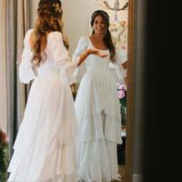 Vintage A-line Bohemian Backless Ivory Mermaid Wedding Gown with Sleeves - Thumbnail 1