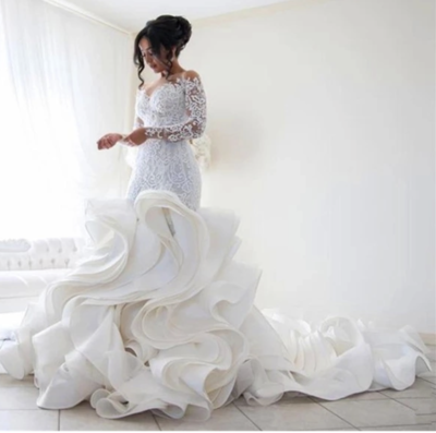 Mermaid Weddings Lace Long Sleeve Bridal Gowns Tiered Cascading Ruffles 