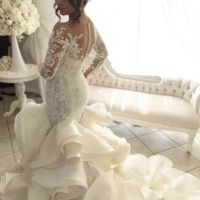Mermaid Weddings Lace Long Sleeve Bridal Gowns Tiered Cascading Ruffles  - Thumbnail 3