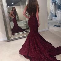 SP2240,Sexy Mermaid Deep V-Neck Burgundy Satin Prom/Evening Dress with sequins - Thumbnail 1