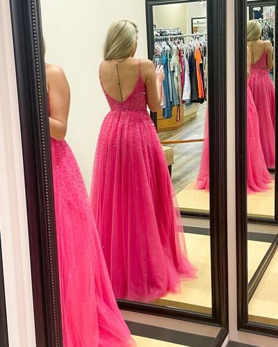 Cute A Line V Neck Pink Prom Dress with Beading