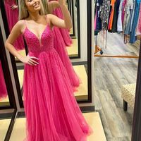 Cute A Line V Neck Pink Prom Dress with Beading - Thumbnail 2