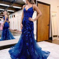 Cute Mermaid V Neck Navy Sparkly Prom Dresses with Appliques - Thumbnail 1