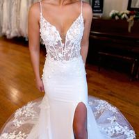 Charming Mermaid V Neck Long Wedding Dresses with Lace - Thumbnail 2