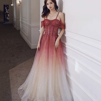 Red gradient tulle sweetheart beaded straps prom dres, red long formal dress - Thumbnail 1