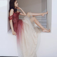 Red Gradient Tulle Sweetheart Beaded Straps Prom Dres, Red Long Formal Dress - Thumbnail 3