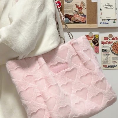 Japanese cute plush love pastel pink & white heart shaped messenger tote bag - Thumbnail 3