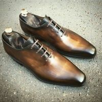 Classic Men's Hand Stitch Brown Black Tone Genuine Leather Lace Up Shoes - Thumbnail 1