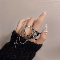 Gothic Cross Heart Rhinestone Double Ring - Thumbnail 1