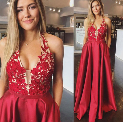 Halter V Neck Prom Dresses Backless with Appliques Lace