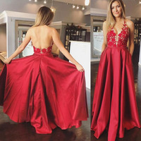 Halter V Neck Prom Dresses Backless with Appliques Lace - Thumbnail 1