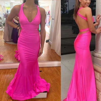 V neck fuchsia prom dresses mermaid floor length - Thumbnail 1