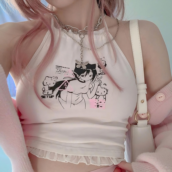 Cute Anime Print Halter Top