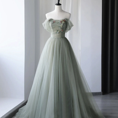 Green tulle sequins long prom dress, off shoulder evening dress