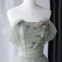Green Tulle Sequins Long Prom Dress, Off Shoulder Evening Dress - Thumbnail 1