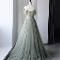 Green Tulle Sequins Long Prom Dress, Off Shoulder Evening Dress - Thumbnail 2