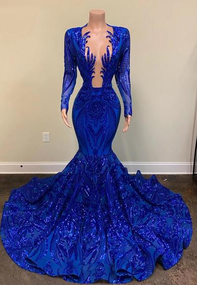 Elegant Royal Blue long sleeve sparkly sequin applique mermaid prom dresses 