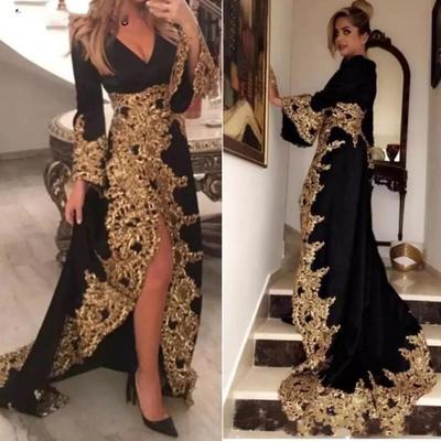Vintage black v neck long sleeve prom dresses with gold lace applique - Thumbnail 2