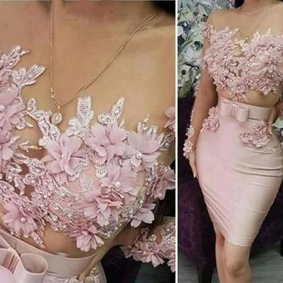 Elegant pink tulle short prom dresses long sleeves with flowers - Thumbnail 2