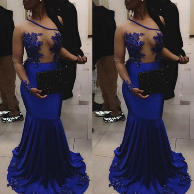 Single length royal blue prom dresses mermaid with lace appliques - Thumbnail 1